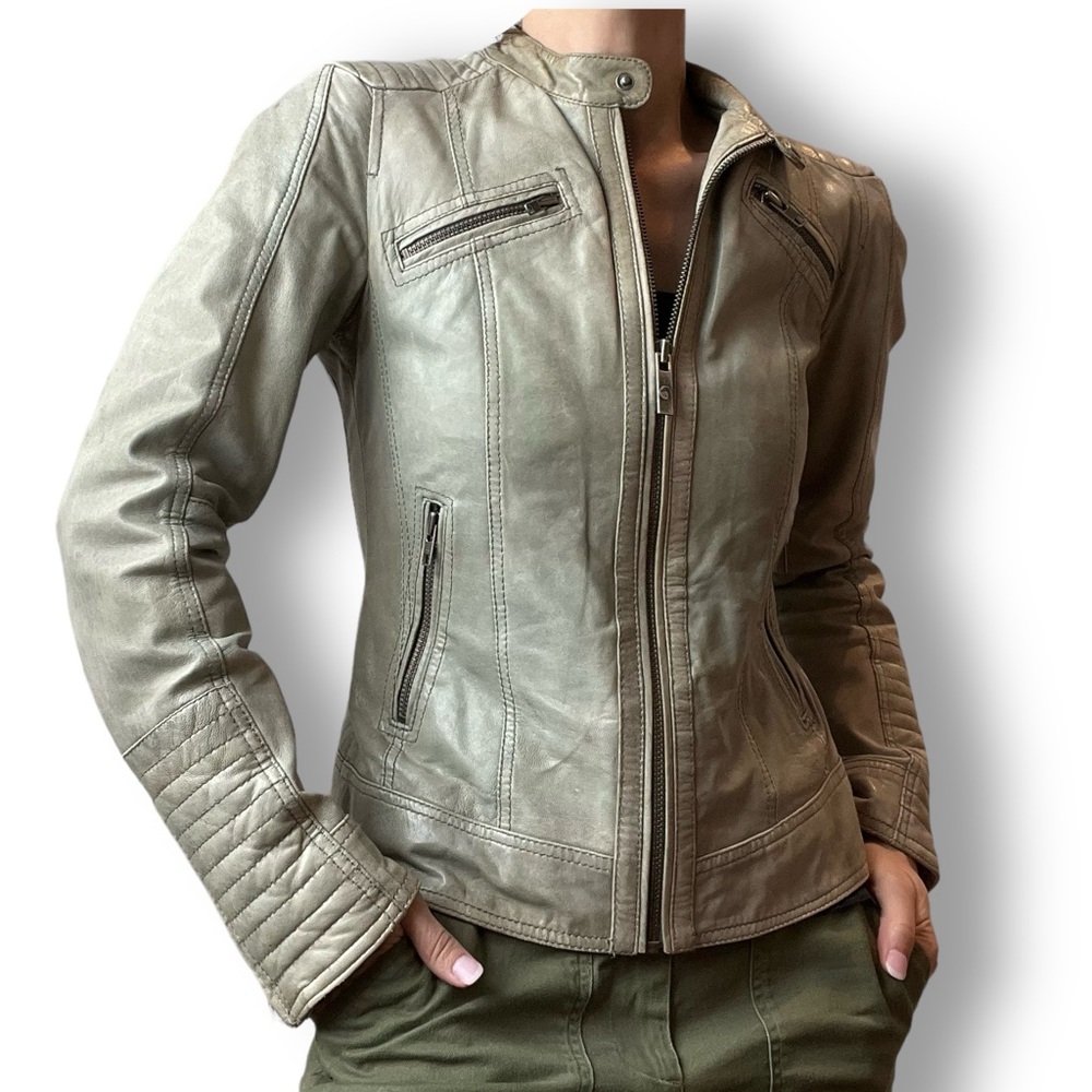Goosecraft Leather Jacket 017 Pale Olive Green 94-2186543 Moto Blogger Trend